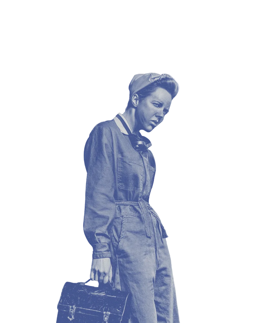 A tradeswoman in coveralls carrying a toolbox
